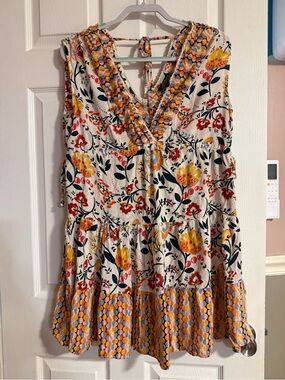 Angie Cream Floral V-Neck Tiered Mini Dress with Yellow & Red Accents